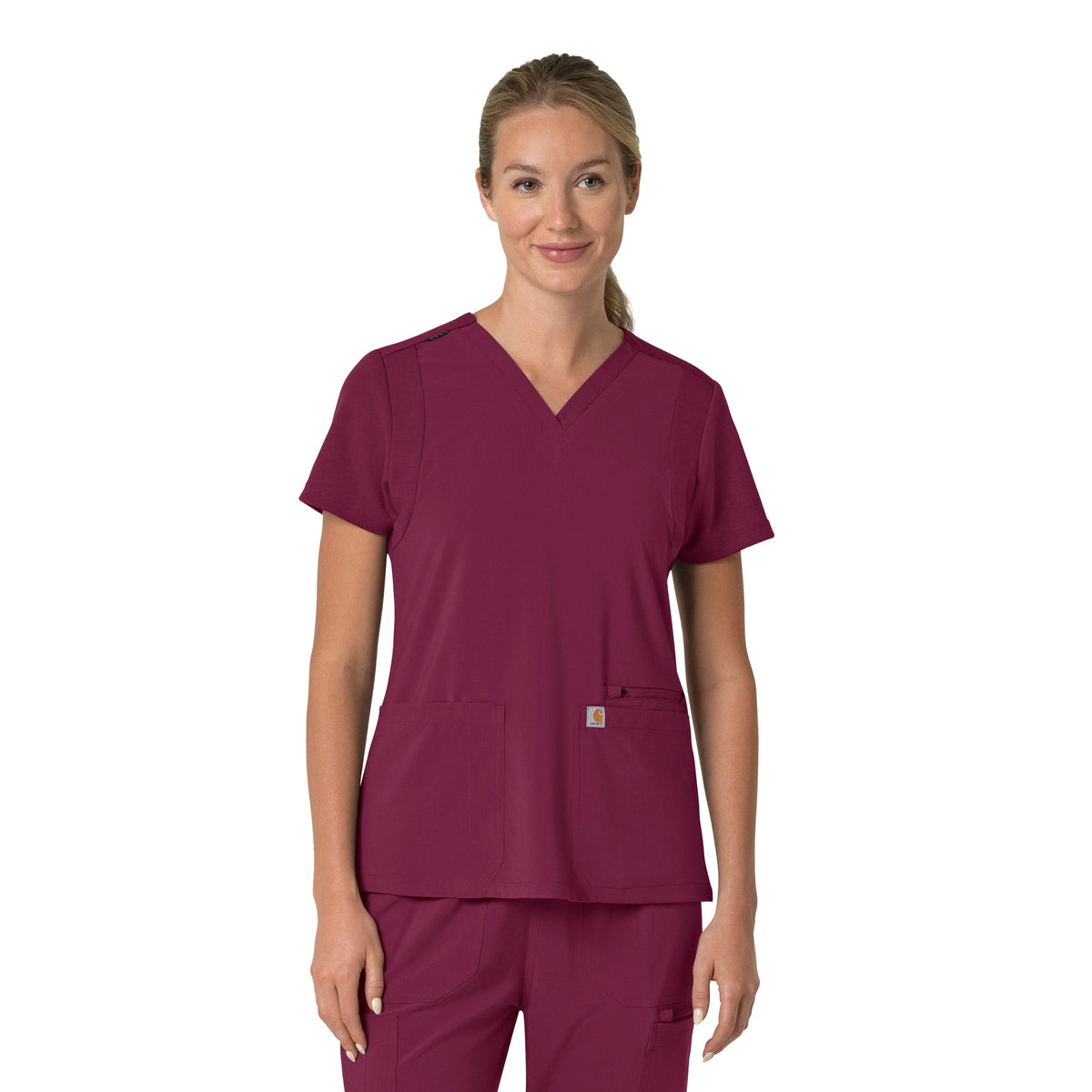 Carhartt Force Cross-Flex C13210 women's flex panel V-neck scrub top in Wine, front view