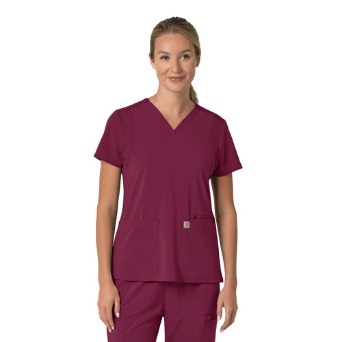 Carhartt Force Cross-Flex C13210 women's flex panel V-neck scrub top in Wine, front view