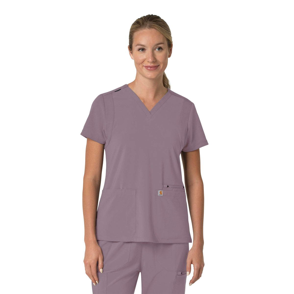Carhartt Force Cross-Flex flex panel scrub top in Lavender Mist, front view