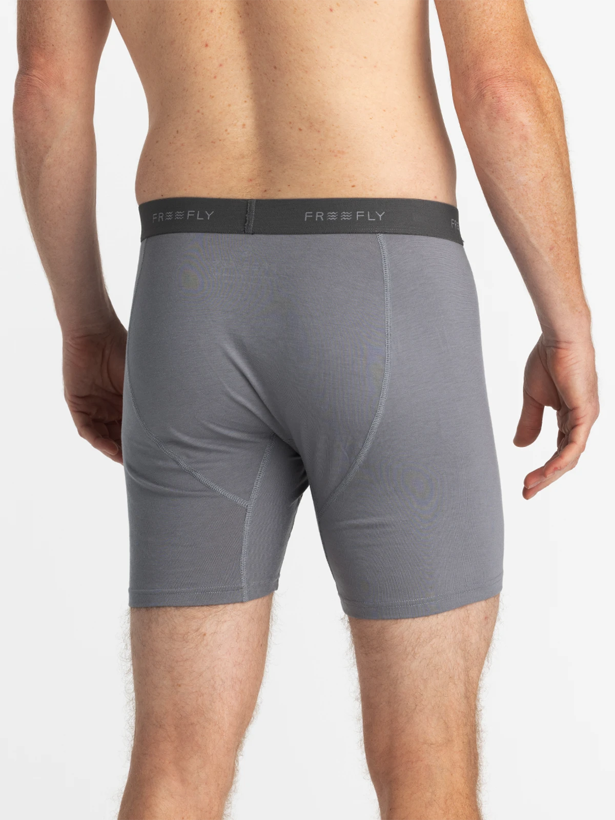 Free Fly men's Bamboo Motion Boxer Brief in Slate, rear view of the exact colorway