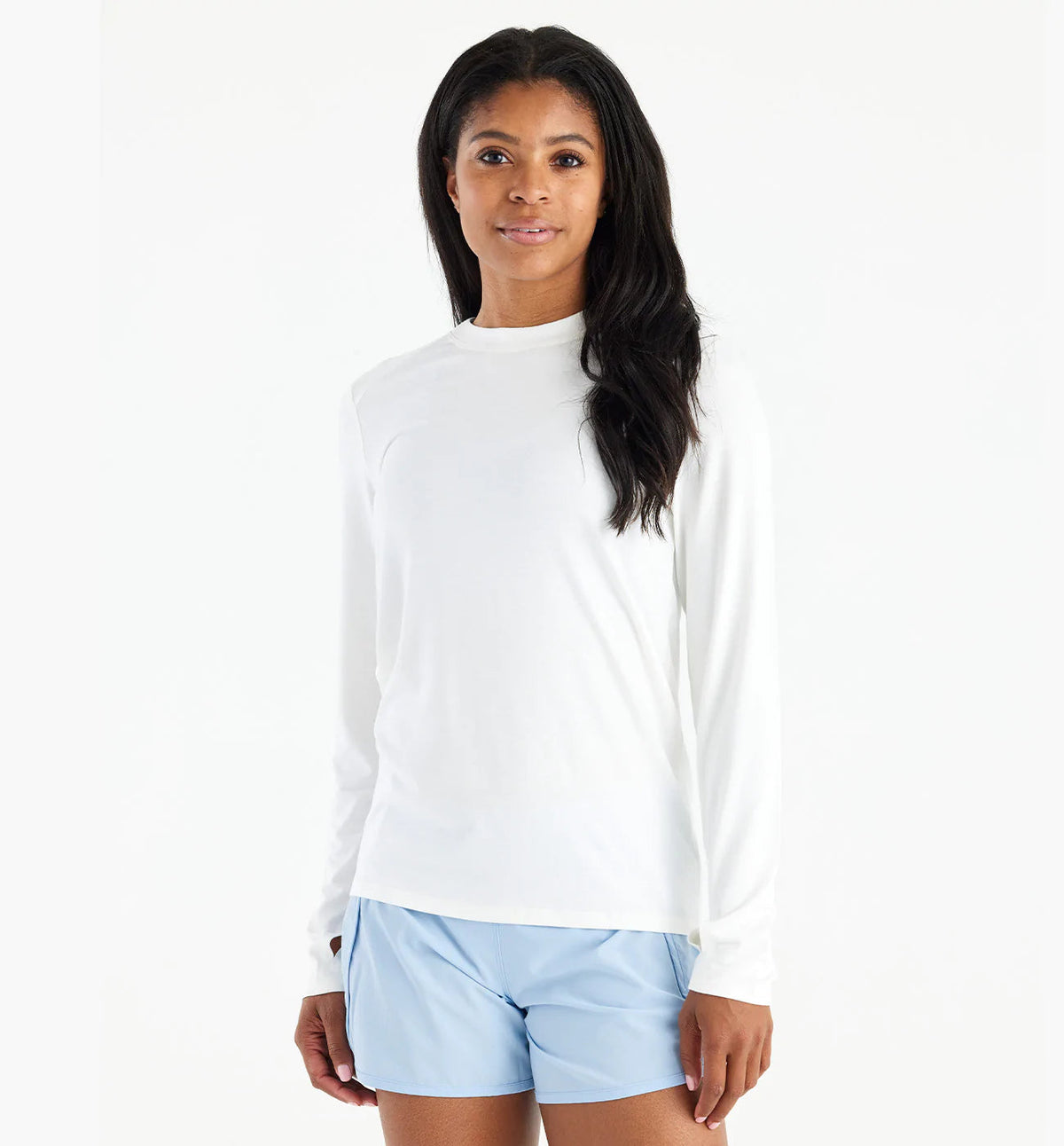 Free Fly women's Bamboo Shade Long Sleeve II shirt in Bright White, front view