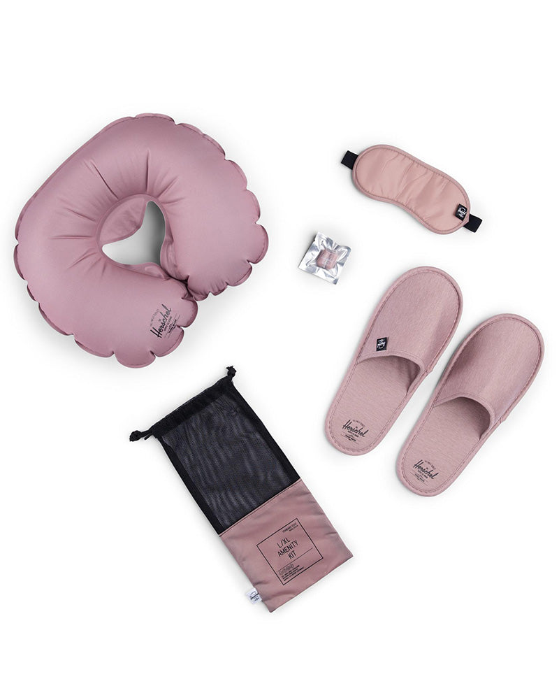 Herschel Standard Issue Amenity Kit in Ash Rose, L/XL set with neck pillow, slippers, eye mask, earplugs and pouch