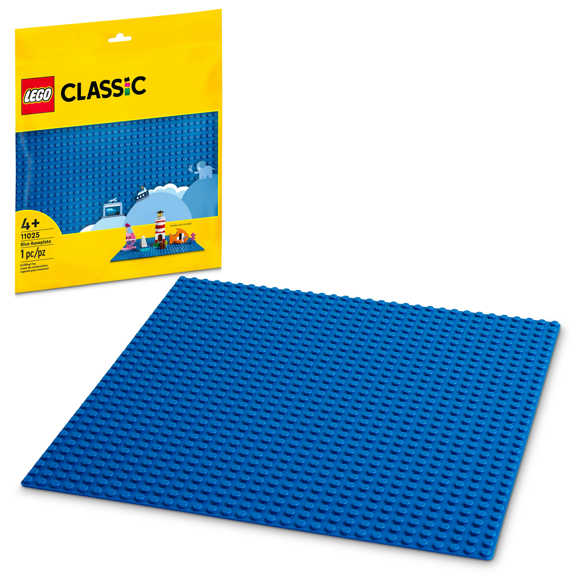 LEGO Classic Blue Baseplate set 11025 in original yellow packaging, 32 x 32 blue building plate