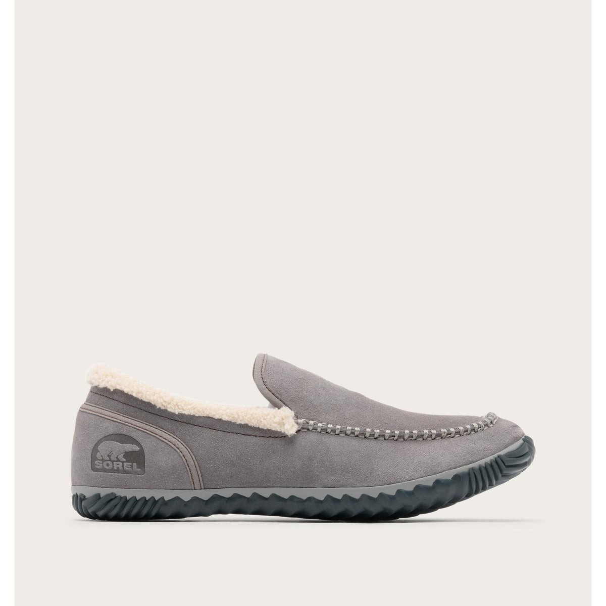 SOREL Dude Moc men's slipper style 1530671-053 in Quarry, side view of gray suede moccasin