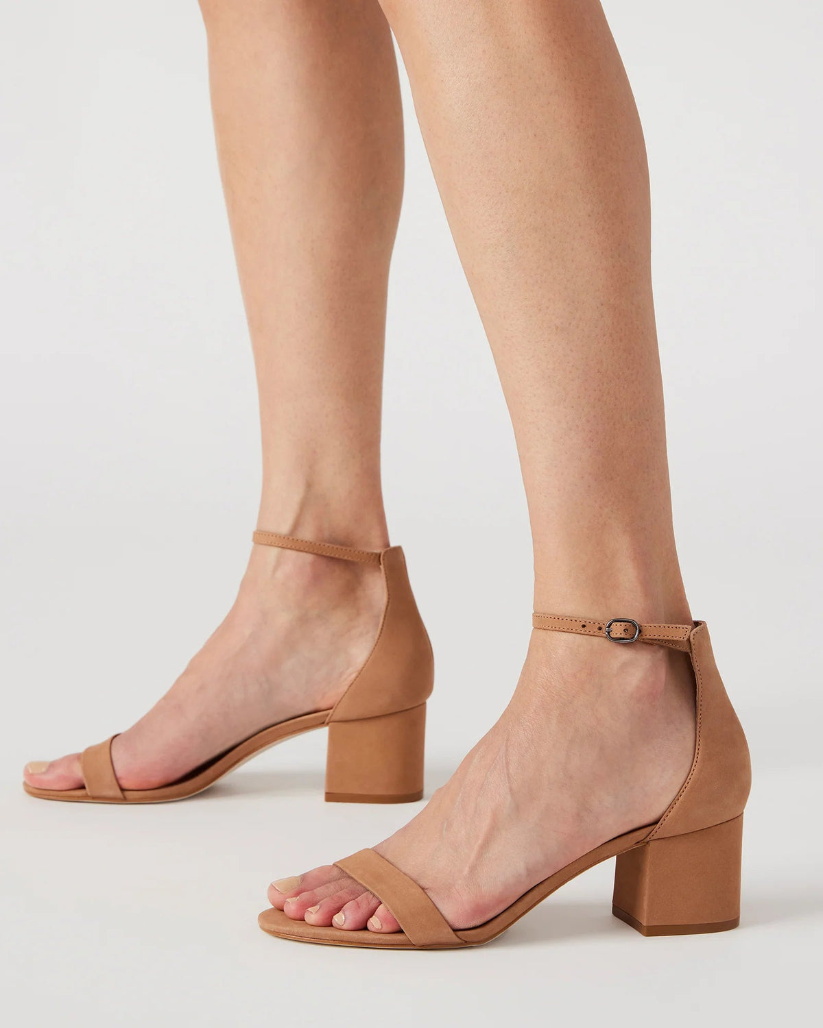 Steve Madden Irenee Tan Nubuck heeled sandals worn by model