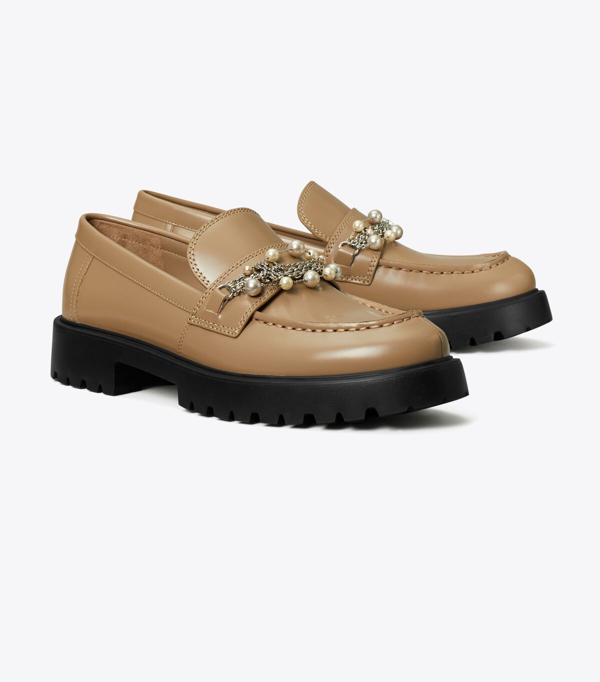 Tory Burch Embellished Classic Lug Loafer style 165828 in Dark Elk, leather with pearl and pavé chains