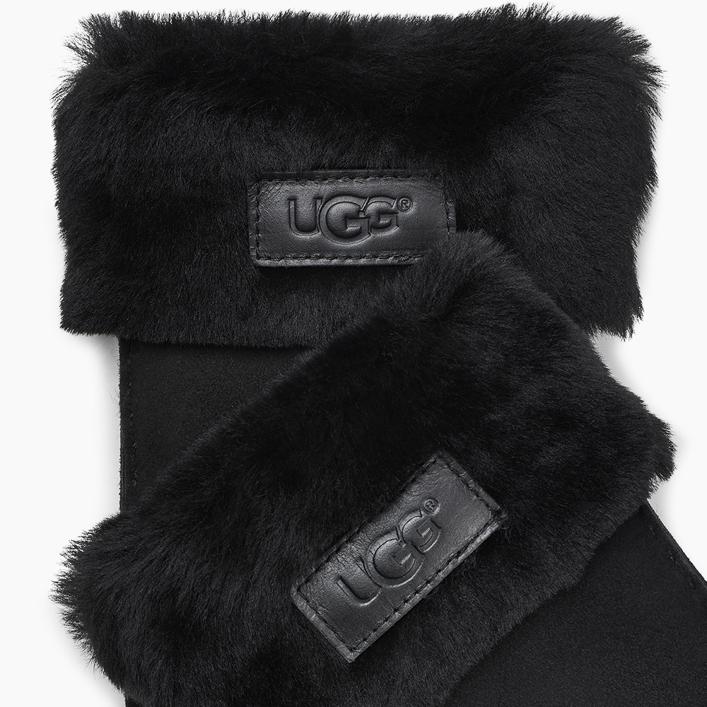UGG Women's Turn Cuff sheepskin gloves style 17369 in Black, pair with rolled plush cuffs